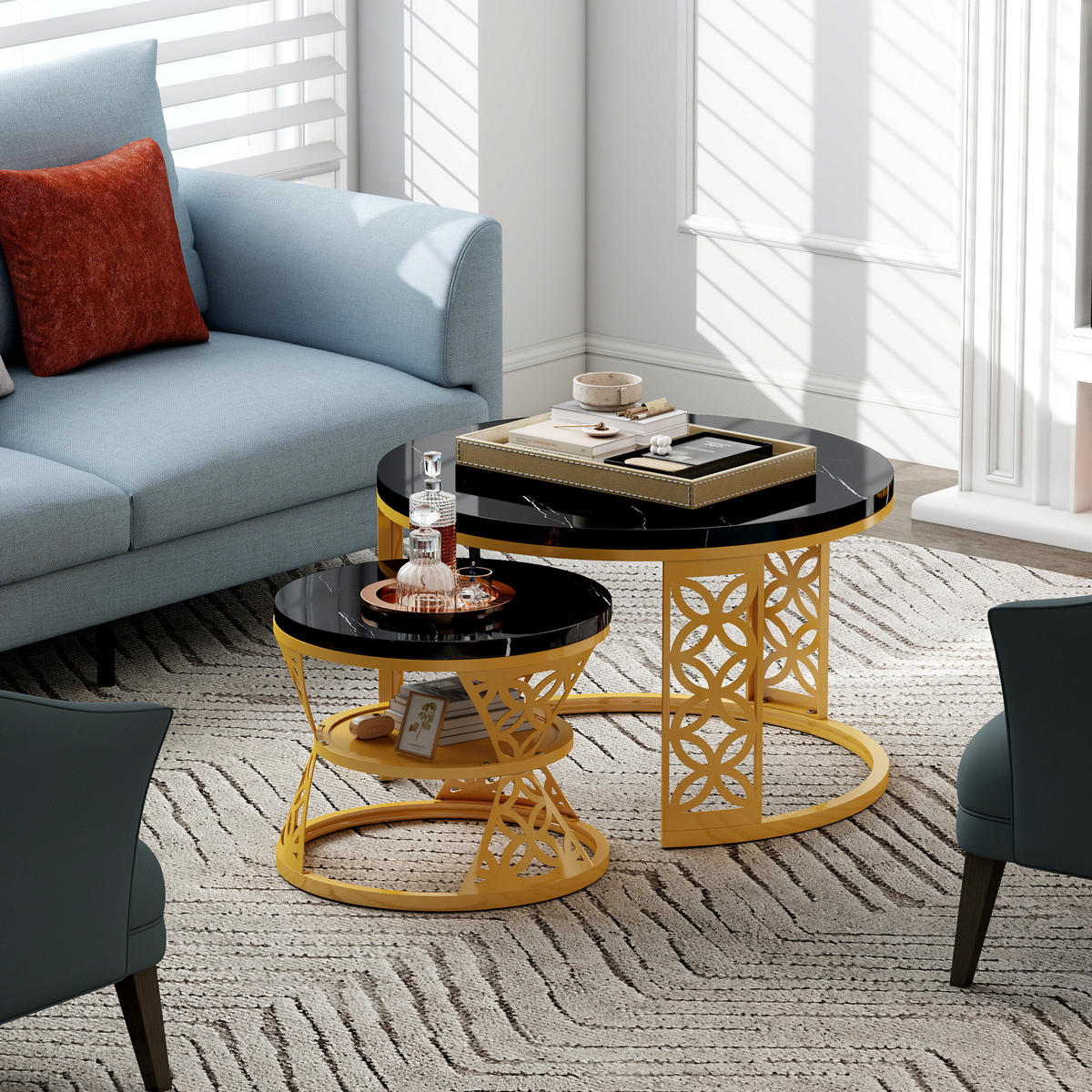 COUCHTISCH 70/70/45 cm 2-teilig in Schwarz-Gold mit Marmoroptik - Schwarz, Holzwerkstoff (70/70/45cm) - OKMYHOME