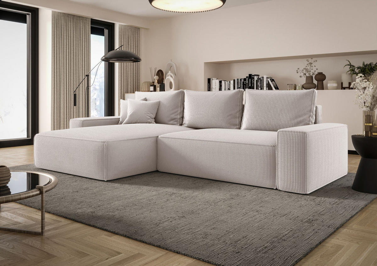 ECKSOFA MONA mit Schlaffunktion POSO 100 Links - Ecru, Textil (280/185cm) - Bedante