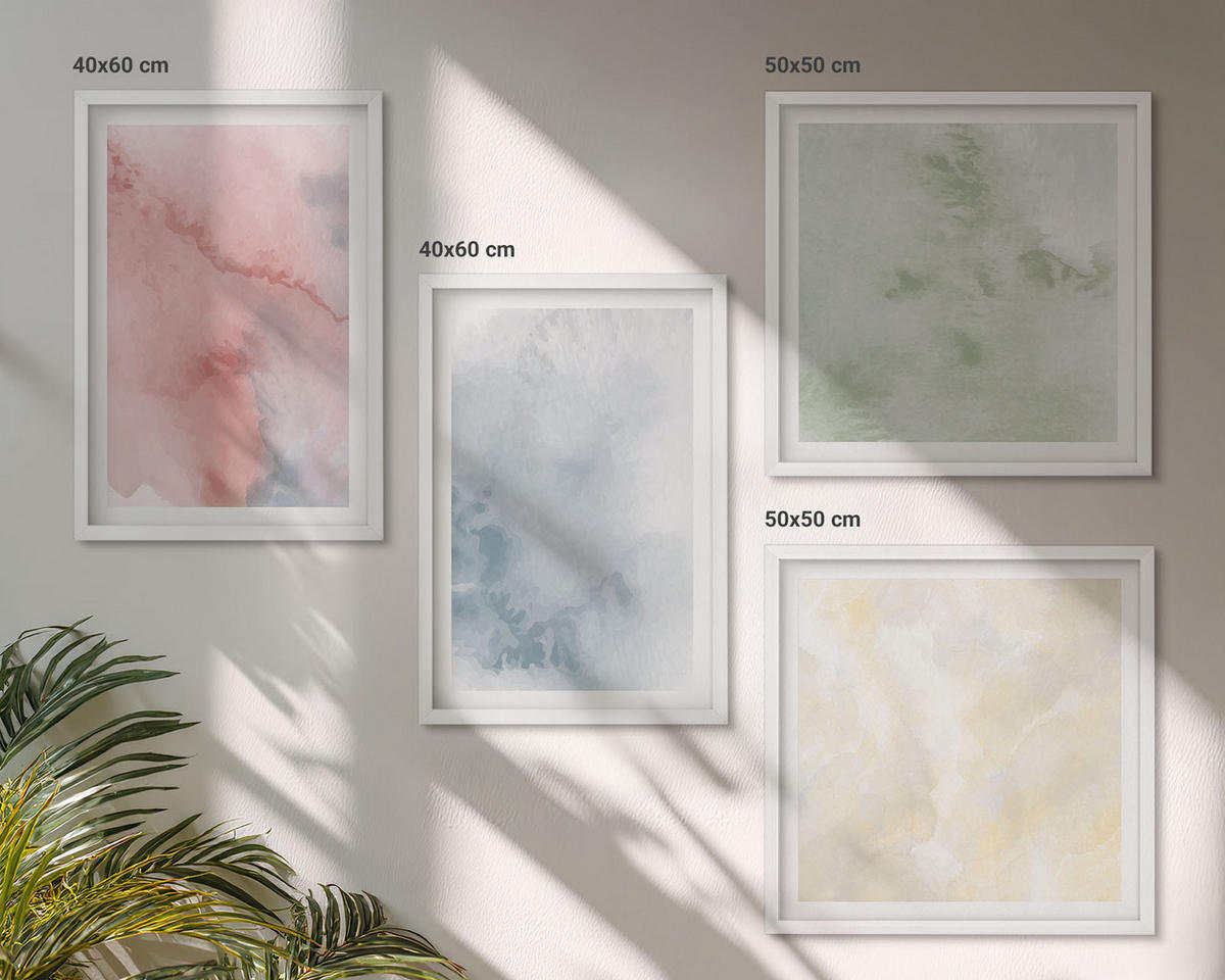 WANDBILDER 4er-Set - 50x50 cm & 40x60 cm Weißer Rahmen - Aquarellfarben in Pastellfarben - Weiß, Kunststoff (50/50cm) - ArtPrintCave