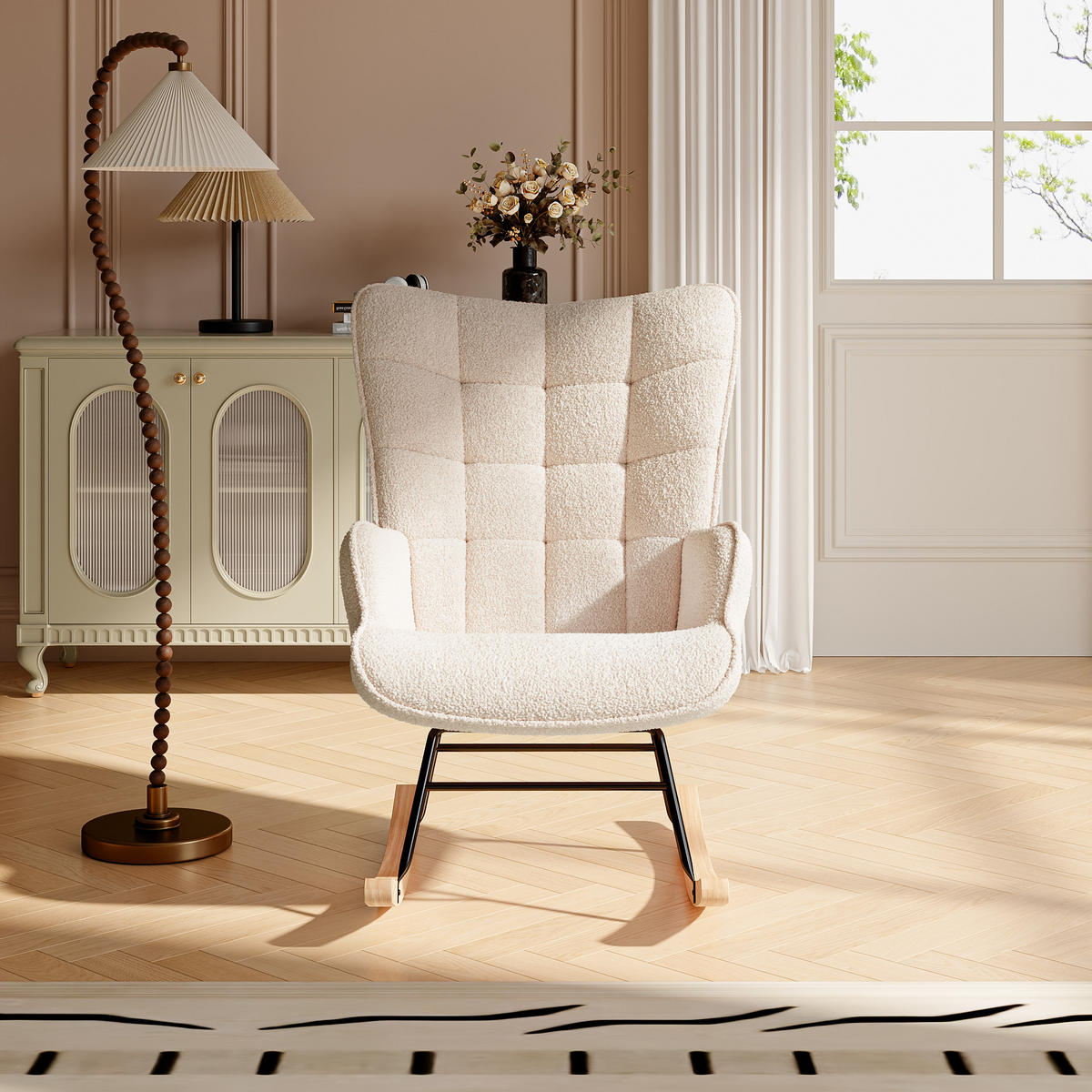 SCHAUKELSTUHL mit Metallgestell und Holzsockel, Teddystoff, Beige - Beige, Holzwerkstoff (68/92/75cm) - BursDany