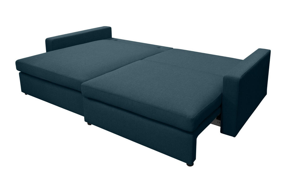 ECKSOFA Mit Schlaffunktion Und Bettzeugablage LUBEKA Stoff Faro Azurblau Links - Dunkelblau, Holz (140/147cm) - Kaiser Möbel