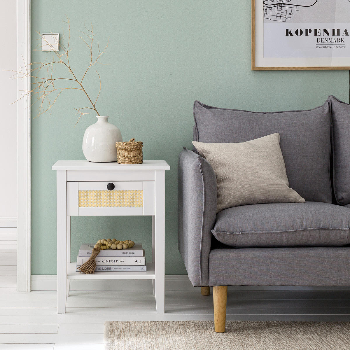 NACHTTISCH - Kiefer massiv / Wiener Geflecht - Weiß, Holz (48/60/35cm) - home24