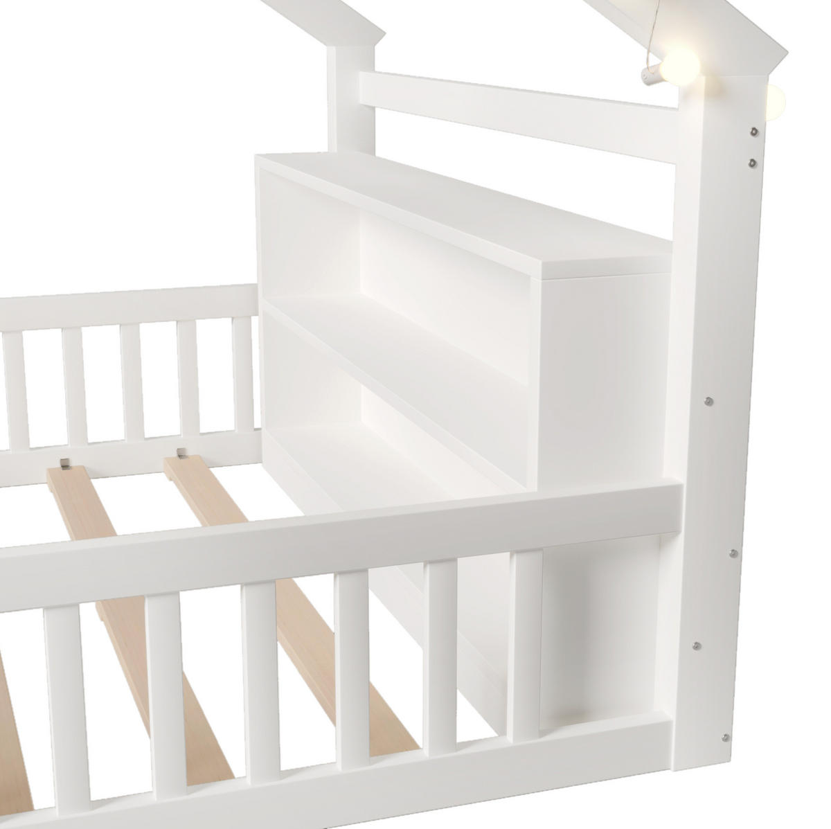 HAUSBETT 140/190 cm Weiß aus Kiefernholz und MDF mit Schutzgitter und Seitenregal - Weiß, Holz (140/190cm) - OKMYHOME