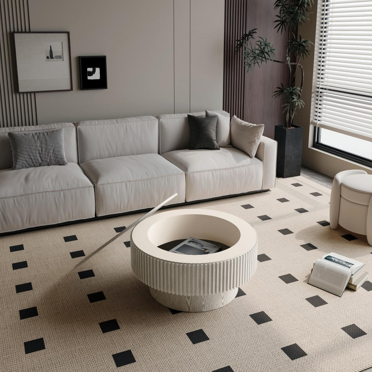 COUCHTISCH rund 75 cm mit Stauraum, Holz-Furnier und weißem Finish, retro Beistelltisch für Wohnzimmer & Büro - Weiß, Holzwerkstoff (75/75/35cm)