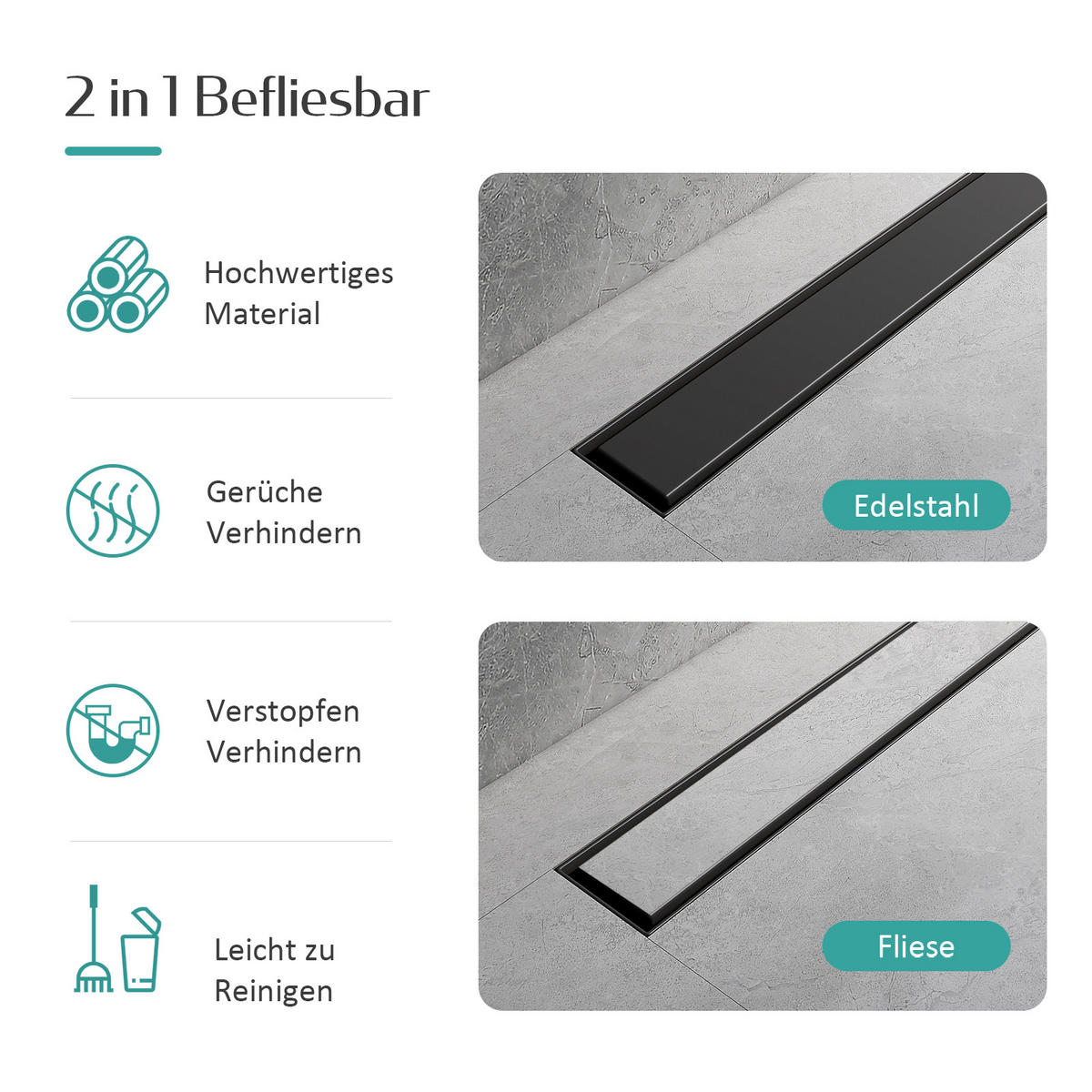 DUSCHRINNE Edelstahl Schwarz 80 / 11 cm - Schwarz, Metall (11/9/80cm) - EMKE