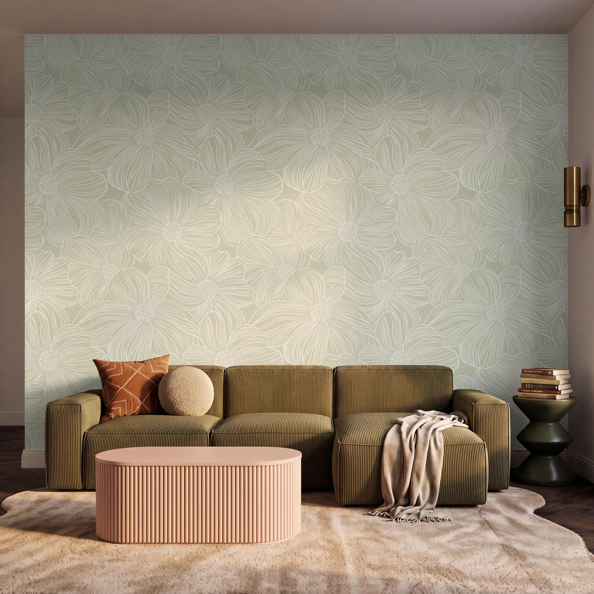 TAPETE - Gelassenheit - Blumen - Grün - 350x280 cm - Salbeigrün, Papier (350/280cm) - OnlyWow