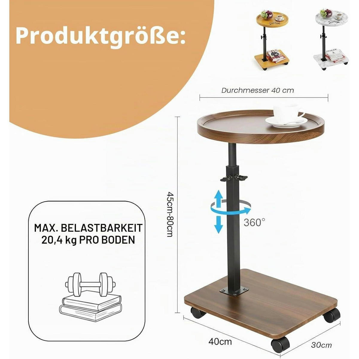 BEISTELLTISCH höhenverstellbar rund weißer Marmor 45,7-76,2 cm - Weiß, Metall (40/40/80cm)