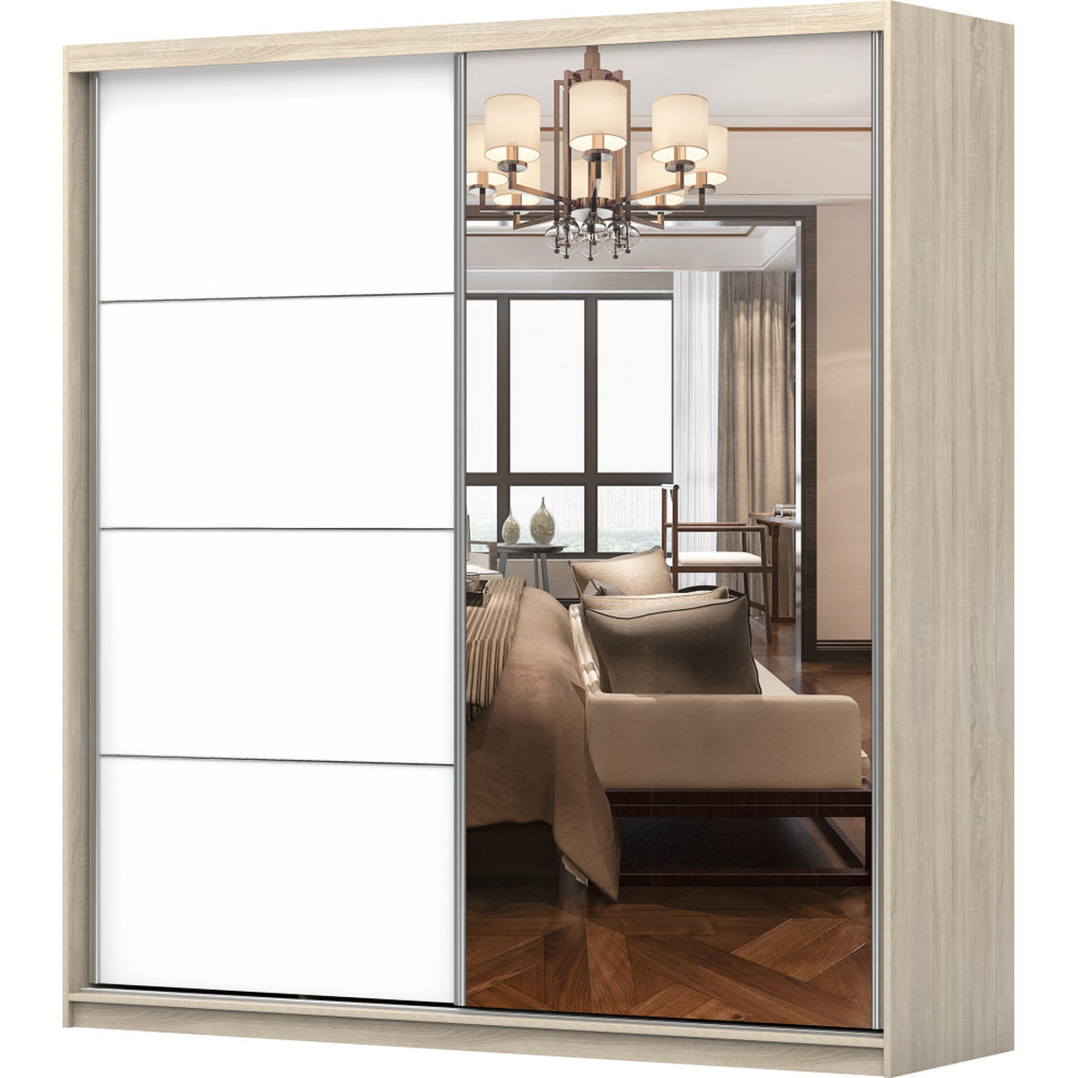 SCHWEBETÜRENSCHRANK Pola 42 B Sonoma Eiche/Weiß + Spiegel 203 cm - Alufarben/Weiß, Holzwerkstoff/Metall (203/218/61cm) - imoebel24