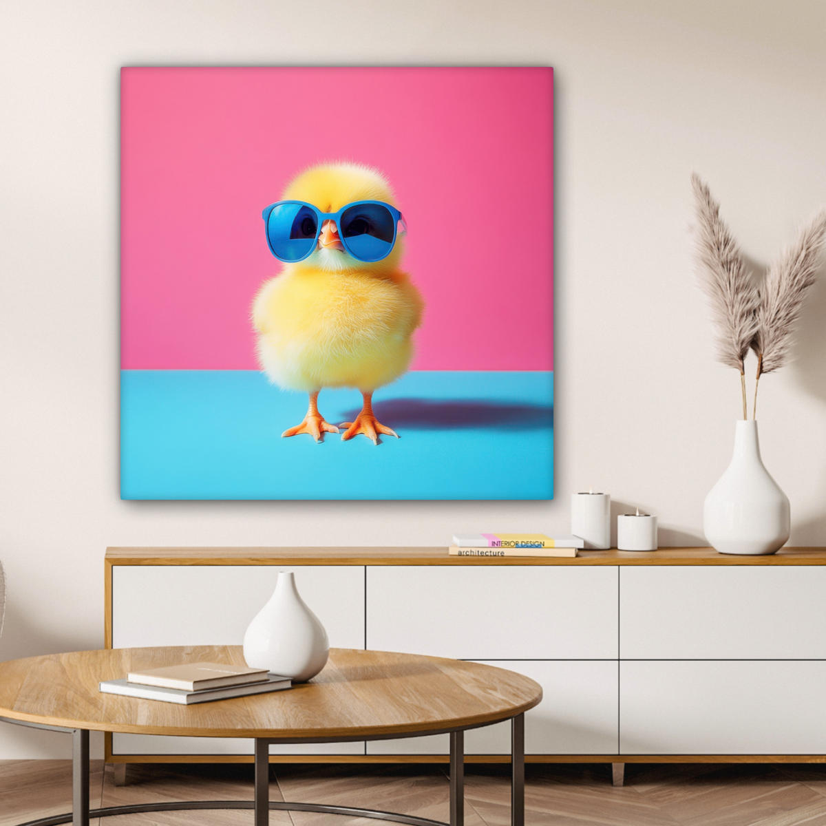 LEINWANDBILD Chick - Sonnenbrille - Blau Deko Groß 90x90 cm - Pink/Gelb, Textil (90/90cm) - MuchoWow