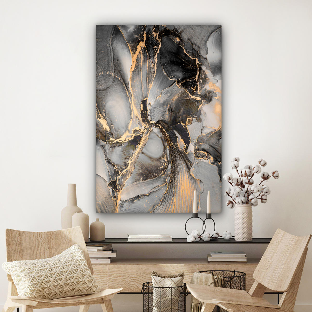 LEINWANDBILD Grau - Luxus - Gold - Marmor Deko Groß 90x140 cm - Dunkelgrau, Textil (90/140cm) - MuchoWow