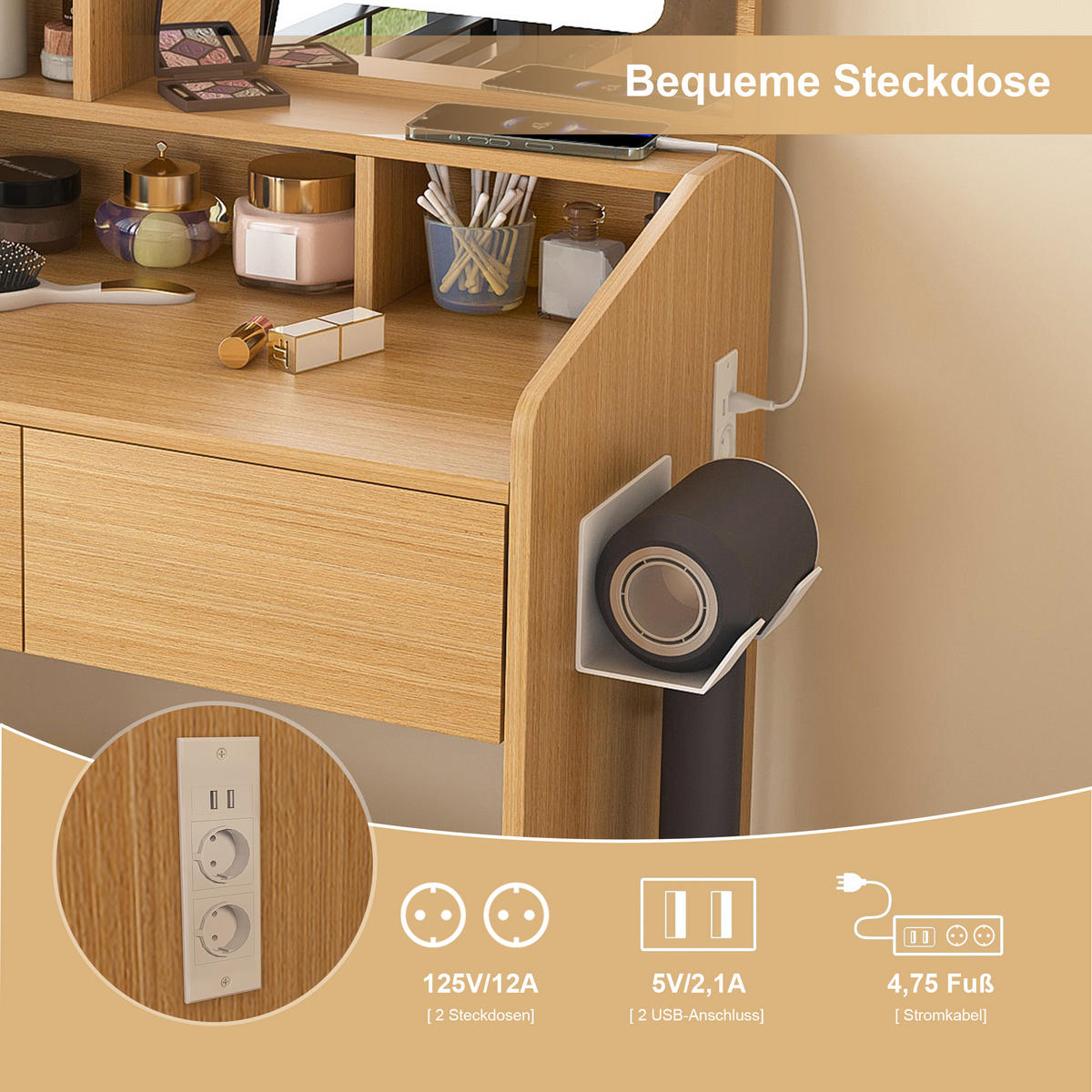 SCHMINKTISCH in Holzoptik 60 cm mit LED-Spiegel, Steckdose und Hocker - Naturfarben, Holzwerkstoff (60/130/36cm) - Urban Meuble