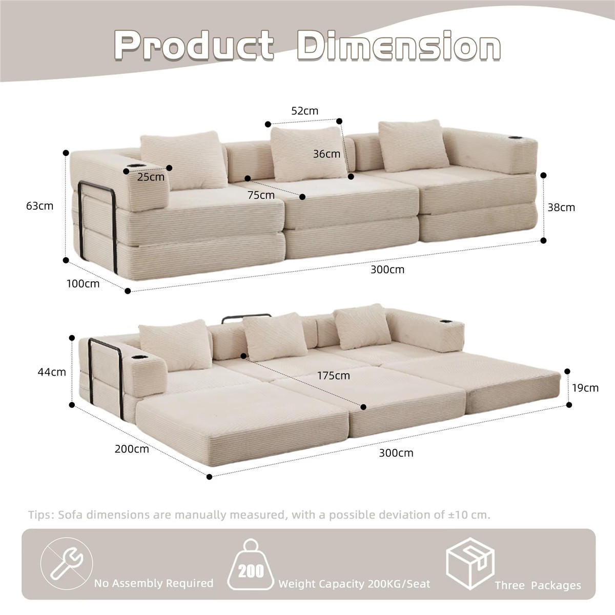 SCHLAFSOFA Cord 3-Sitzer mit Getränkehaltern und Schlaffunktion - Beige, Textil (300/63/100cm) - Kaket