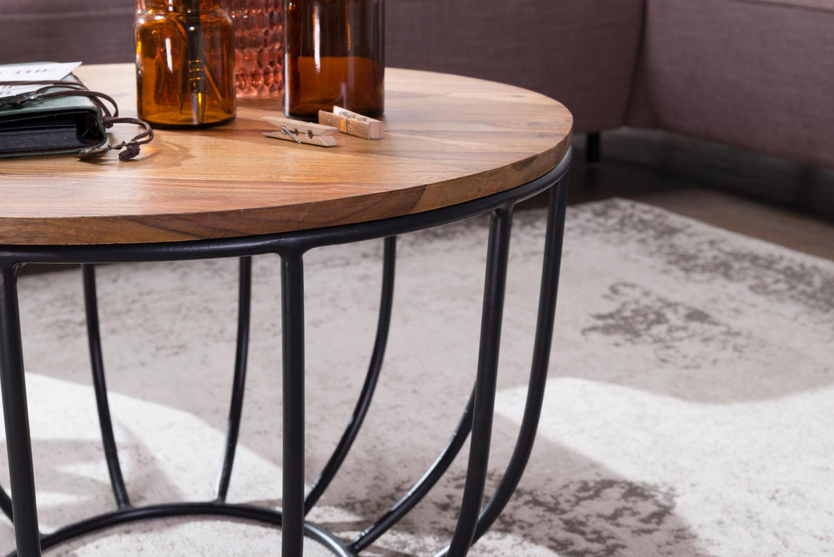 COUCHTISCH in Industrial-Stil, Sheesham Massivholz, Metallgestell, Korbdesign, Rustikal - Schwarz/Braun, Holz/Metall (60/60/39cm) - KADIMA DESIGN