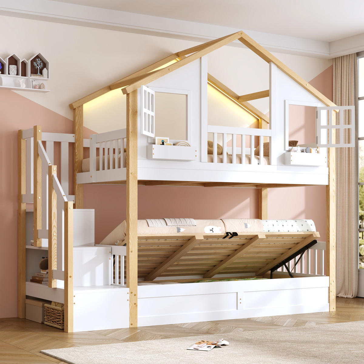 HAUSBETT 90/200 cm aus Kiefer mit Stauraumtreppe und LED-Beleuchtung - Weiß, Holzwerkstoff (90/200cm) - BEAOK