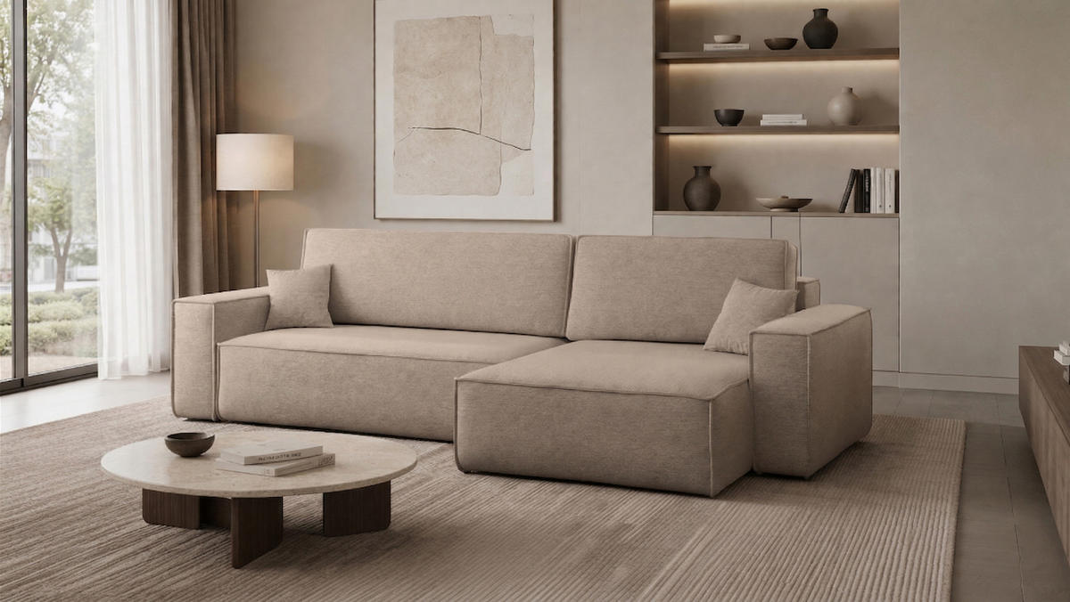 ECKSOFA Mit Schlaffunktion Und Bettkasten, Eckcouch Best XL Stoff Verita Warmbeige Rechts - Sandfarben, Holz (274/145cm) - Kaiser Möbel