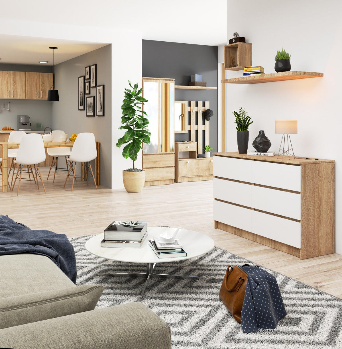 KOMMODE Eiche Sonoma, Weiß 77/120/40 - Weiß, Holzwerkstoff (120/77/40cm) - RAUMHIRSCH FURNITURE