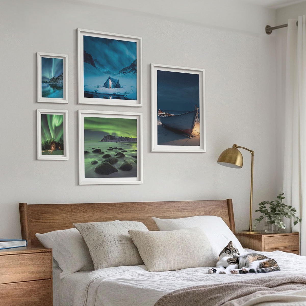WANDBILDER 5er-Set - 50x50 cm & 20x30 cm & 40x60 cm Weißer Rahmen - Winterlandschaften, Nordlichter, Berge - Weiß, Kunststoff (40/60cm) - ArtPrintCave