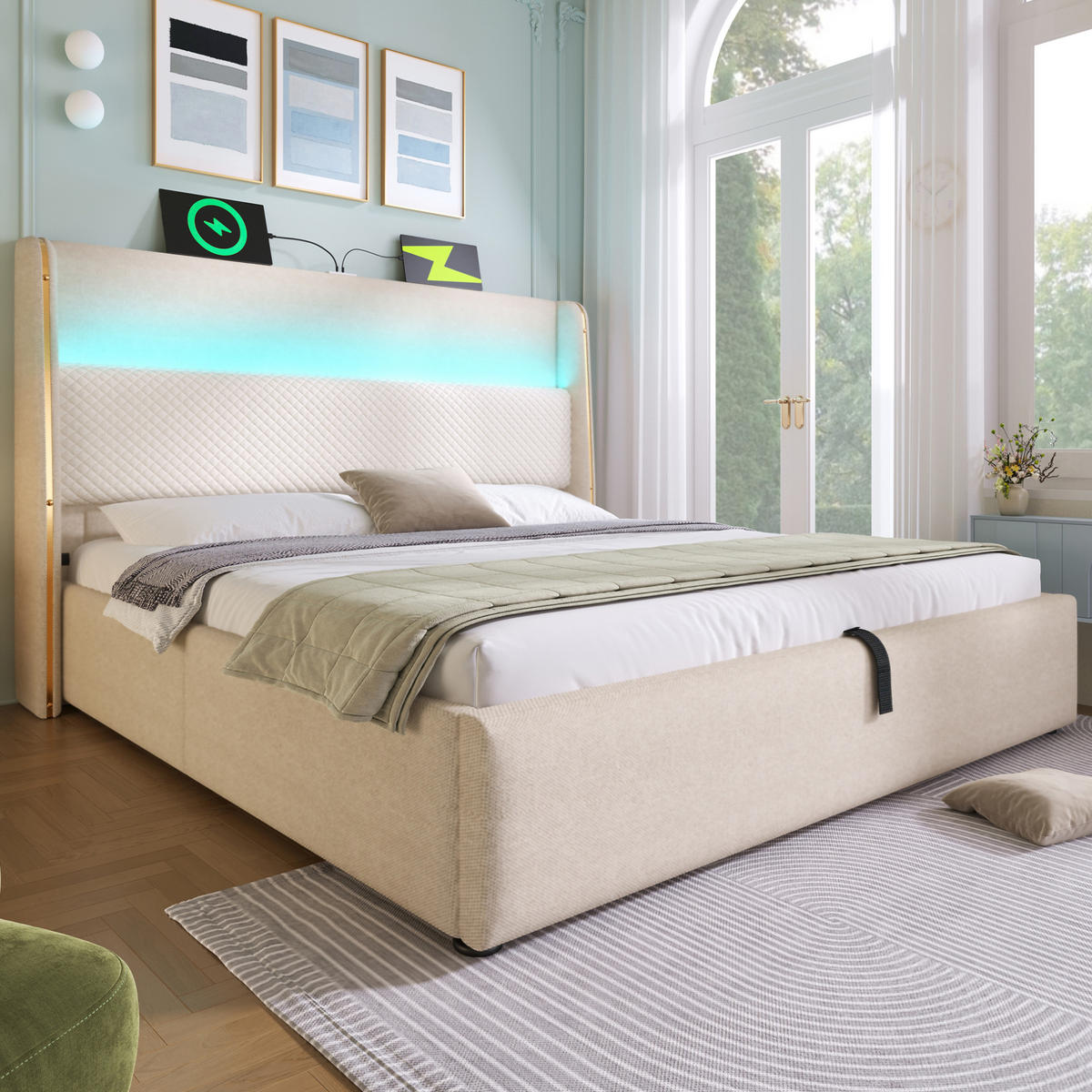 POLSTERBETT aus Leinen, Holz und Metall 180x200 cm Beige mit LED, USB/Type-C und Bettkasten - Beige, Textil (180/200cm) - IVMEU