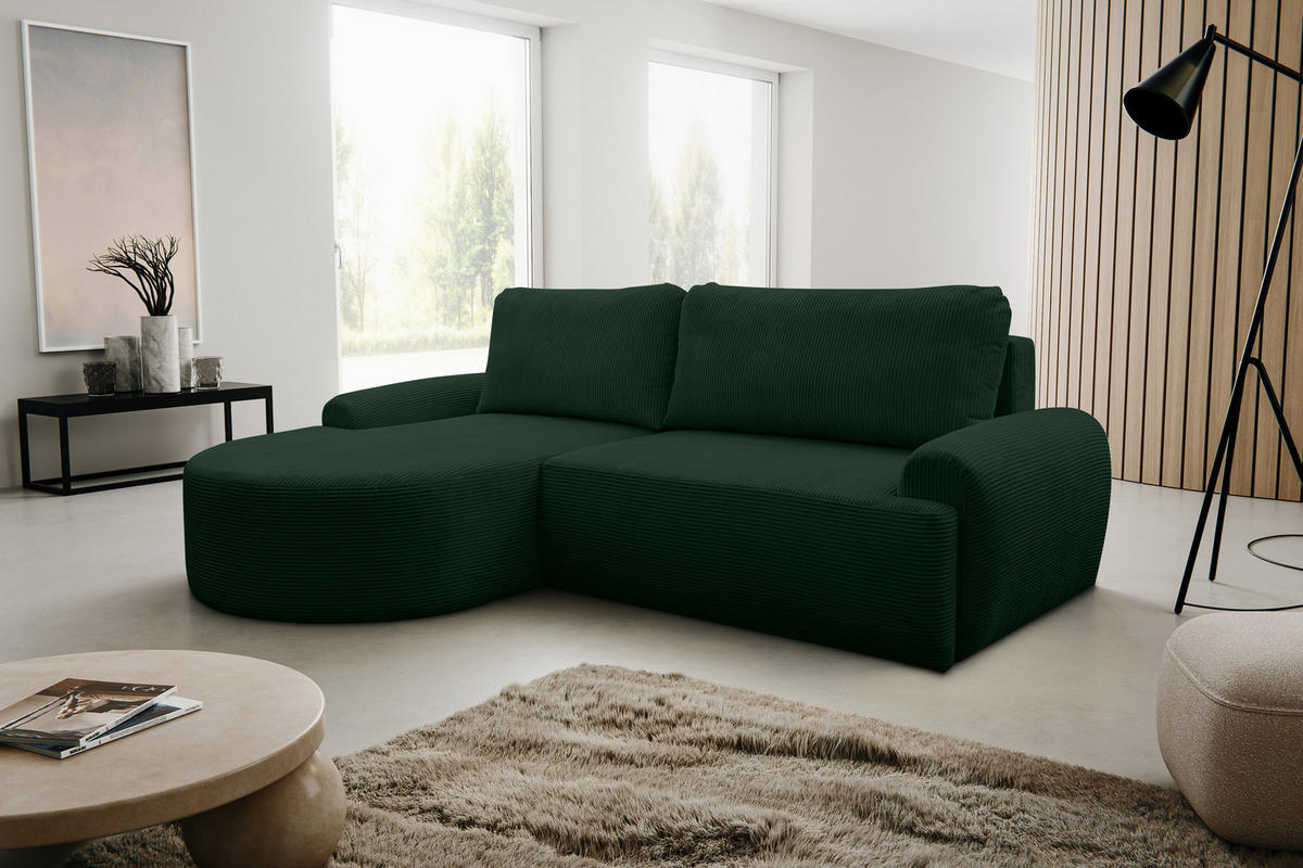 ECKSOFA Dream Cord in L-Form mit Schlaffunktion und Bettkasten, Farbe: Grün, Cordstoff, Ottomane Links - Grün, Textil (136/260cm) - VENASI MÖBEL
