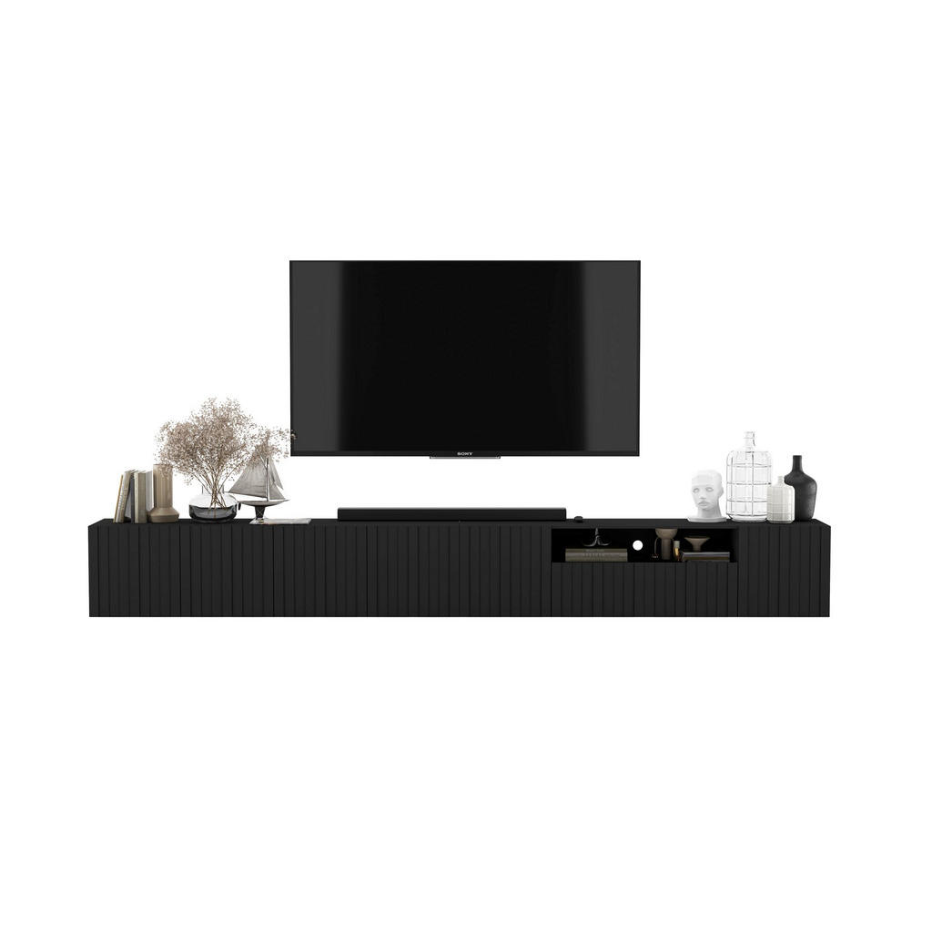 Thumbnail - Meble Lindner Tv-Lowboard, Schwarz, Holzwerkstoff, 10 Fächer, Rechteckig, 300x37.5x36.5 cm, Wohnzimmer, Wohnwände, Lowbo...