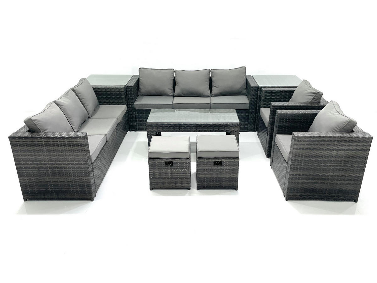 GARTENMÖBEL COUCHTISCH SET mit Sofa Polyrattan Outdoor 10-Sitzer - Dunkelgrau/Grau, Glas/Kunststoff - Fimous