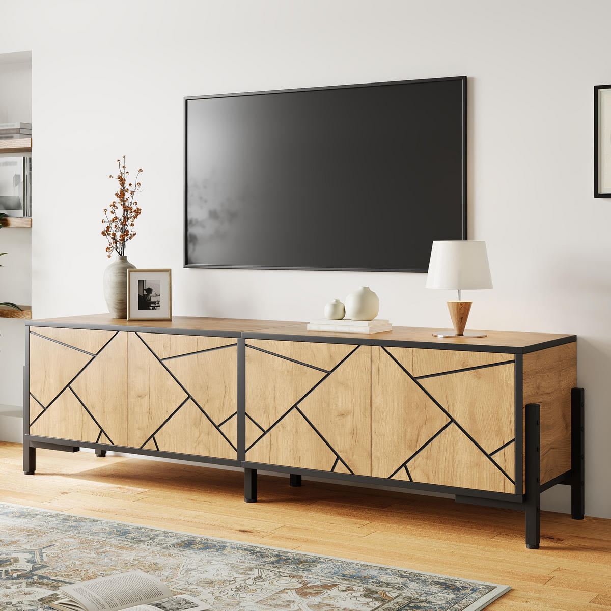 TV-LOWBOARD 153x40x50 cm Holz Schwarz 4 Türen Geometrisches Design - Naturfarben, Holzwerkstoff (40/50/153cm) - FLIEKS