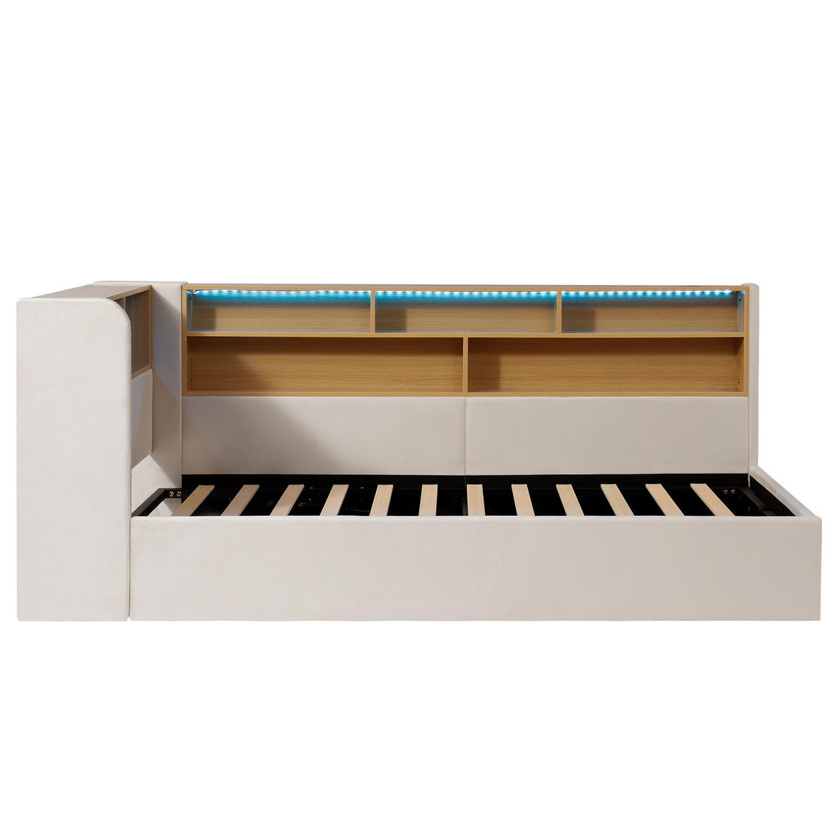 POLSTERBETT aus Samt 90x200 cm in Beige mit LED & USB/Type-C - Beige, Textil (90/200cm) - Modfu