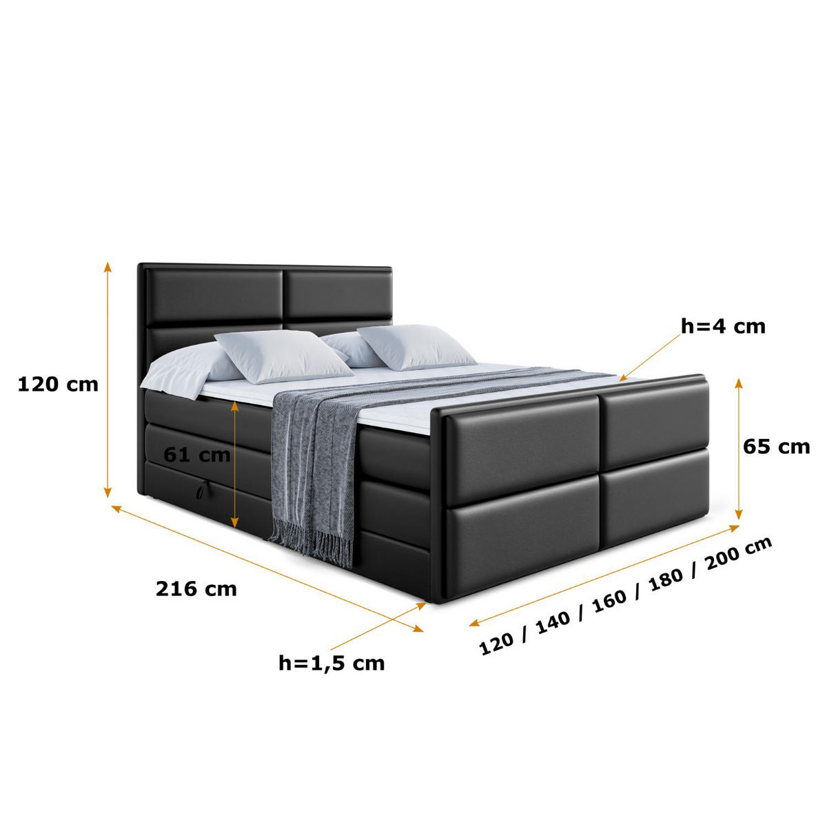 BOXSPRINGBETT AURA-Z KING - 160 x 200 - H3/H4 - Schwarz Hochglanz - Schwarz Hochglanz, Holzwerkstoff (160/200cm) - ALTDECOR