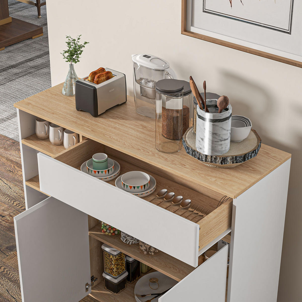 SIDEBOARD Weiß und Naturfarben, 119/40/102 cm - Weiß, Holz (119/102/40cm) - PANGIVO