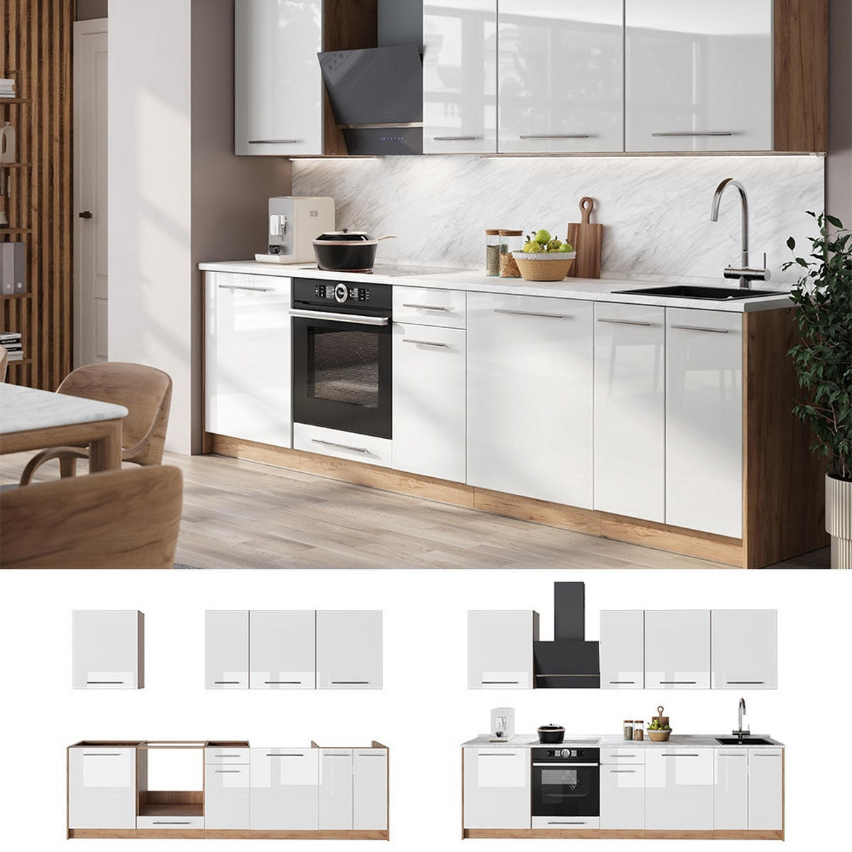 KÜCHENZEILE Fame-Line, Weiß Hochglanz/Goldkraft Eiche, 280 cm ohne Arbeitsplatte - Honigeiche/Weiß Hochglanz, Holzwerkstoff (280/82/51.6cm) - Vicco
