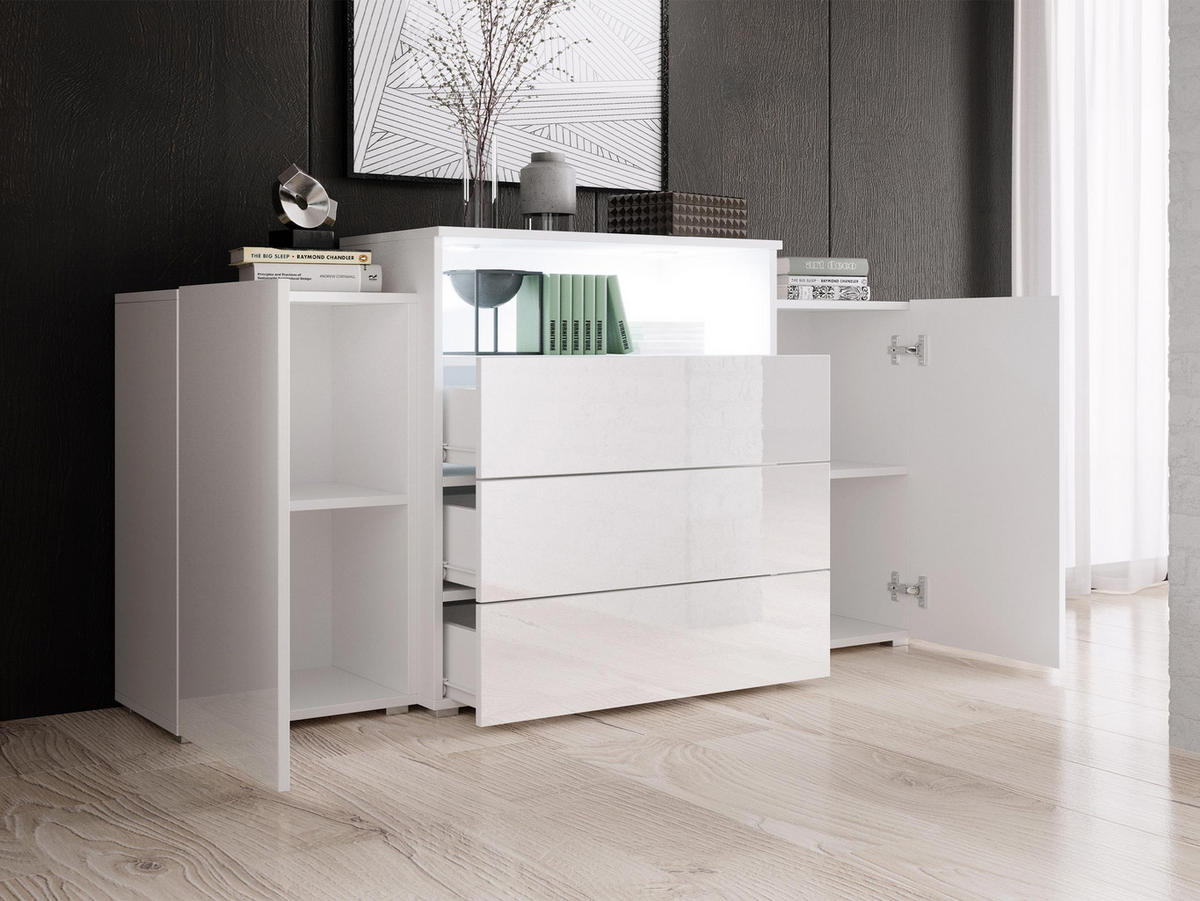 SIDEBOARD Urban III - weißer LED Beleuchtung - Weiß Hochglanz/Alufarben, Holzwerkstoff/Kunststoff (150/81/39cm) - MIRJAN24