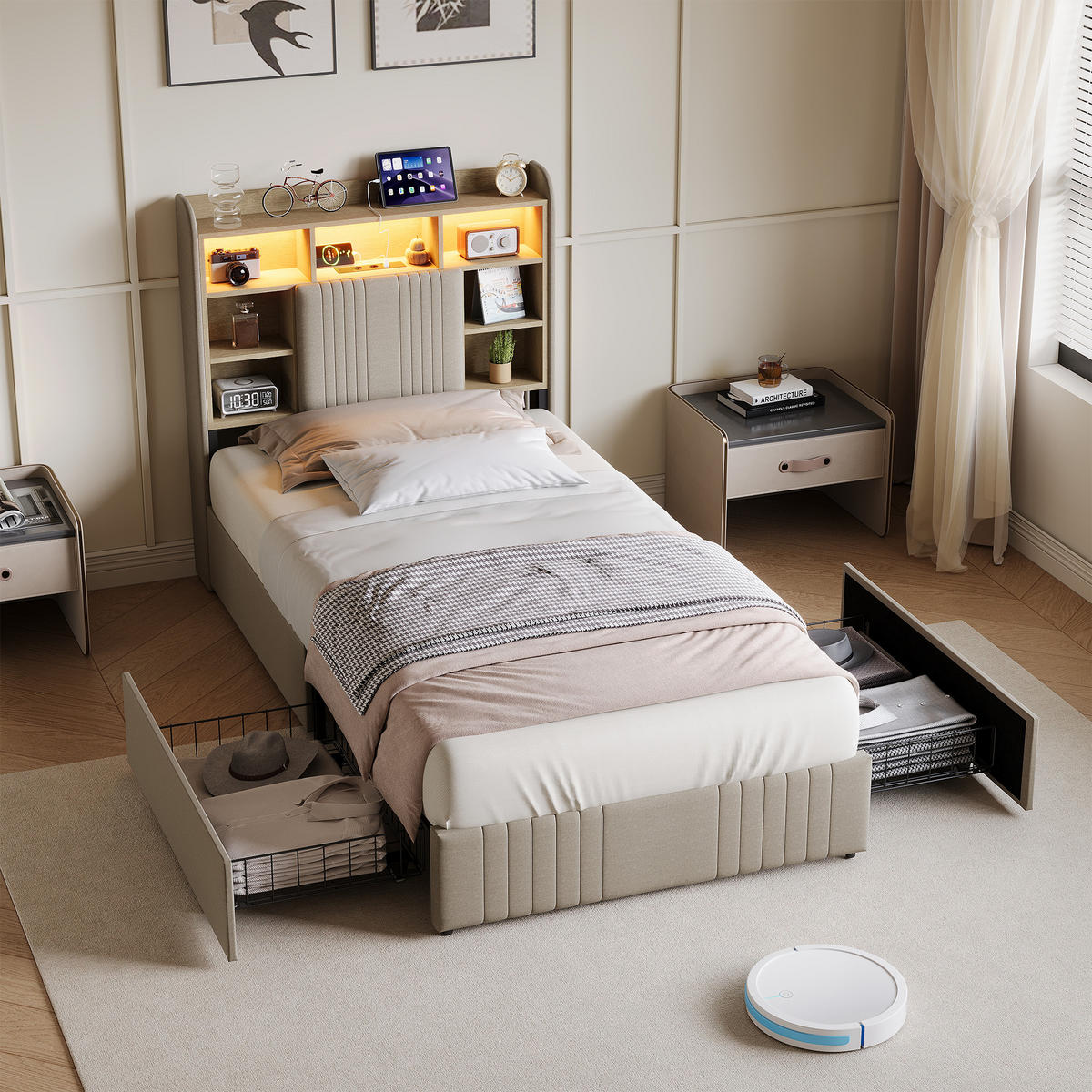 POLSTERBETT 90/200 cm Beige mit 2 Schubladen, LED-Kopfteil mit Ablage und USB - Beige, Metall (90/200cm) - EuroLiving