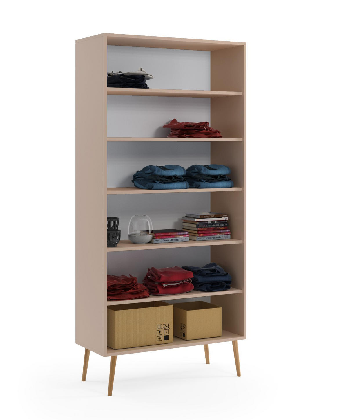 SCHRANK Macchiato Boho Tiefe Holzbeine 5 Regale - Beige, Holzwerkstoff (87/212/41cm) - Sepro Meble