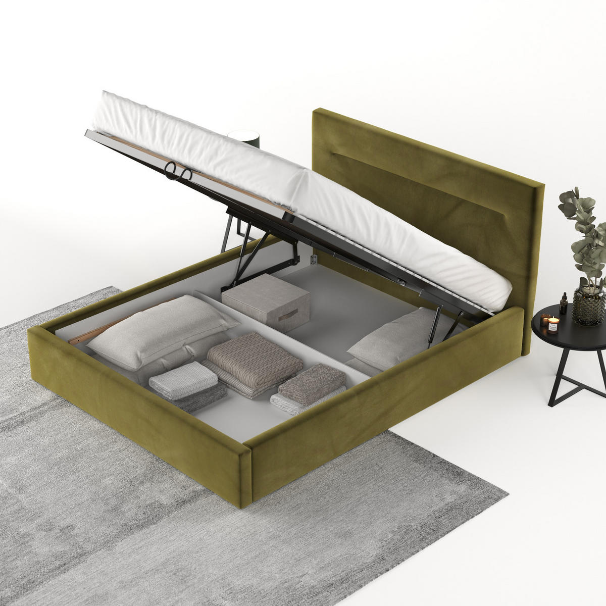 POLSTERBETT Liline 160/200 cm Olivgrün im Kronos Stoff - Schwarz/Naturfarben, Holz/Holzwerkstoff (160/200cm) - AltaBeds