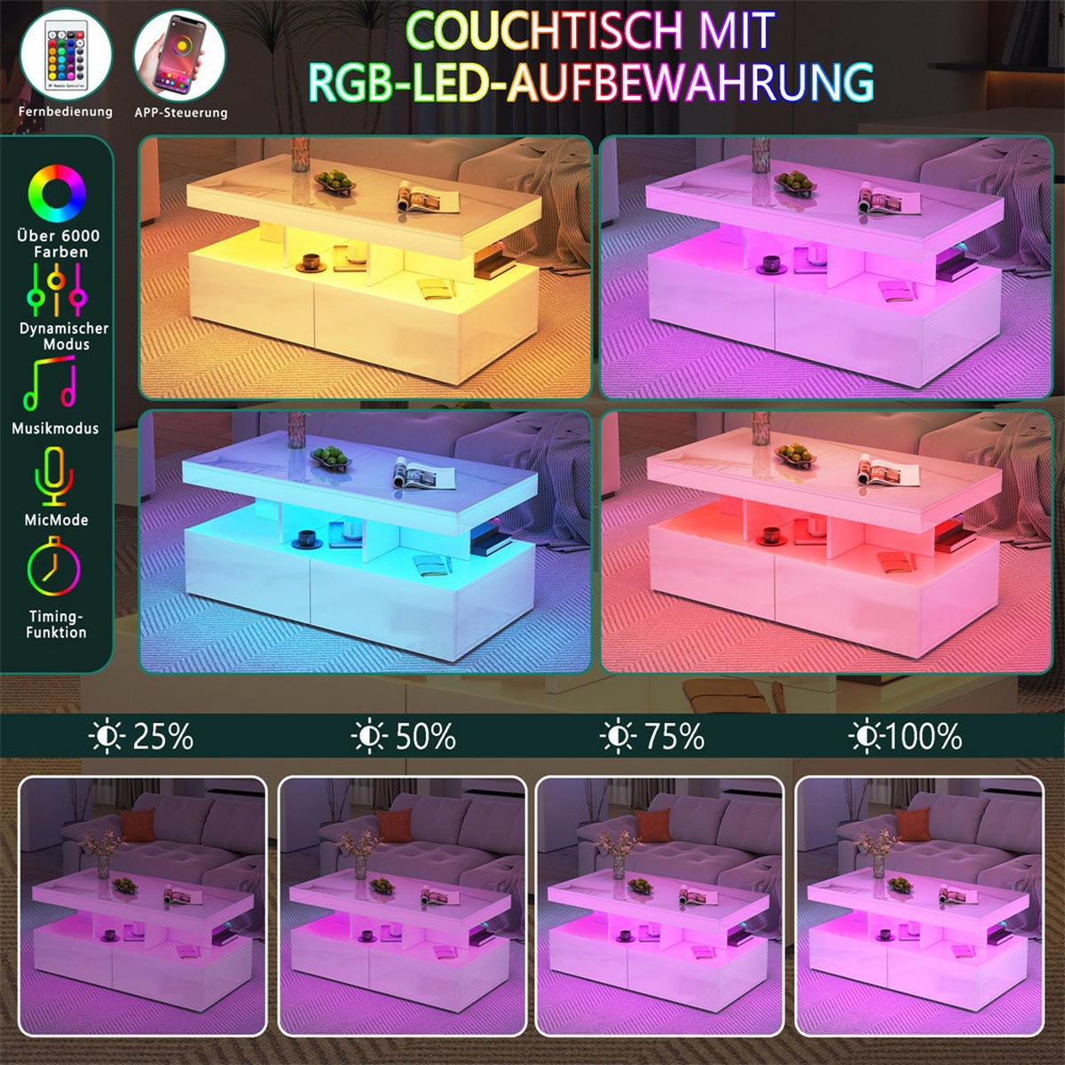 COUCHTISCH in Hochglanz-Weiß mit LED-Beleuchtung und 2 Schubladen - Weiß, Holzwerkstoff (104/53/46cm) - DELFA