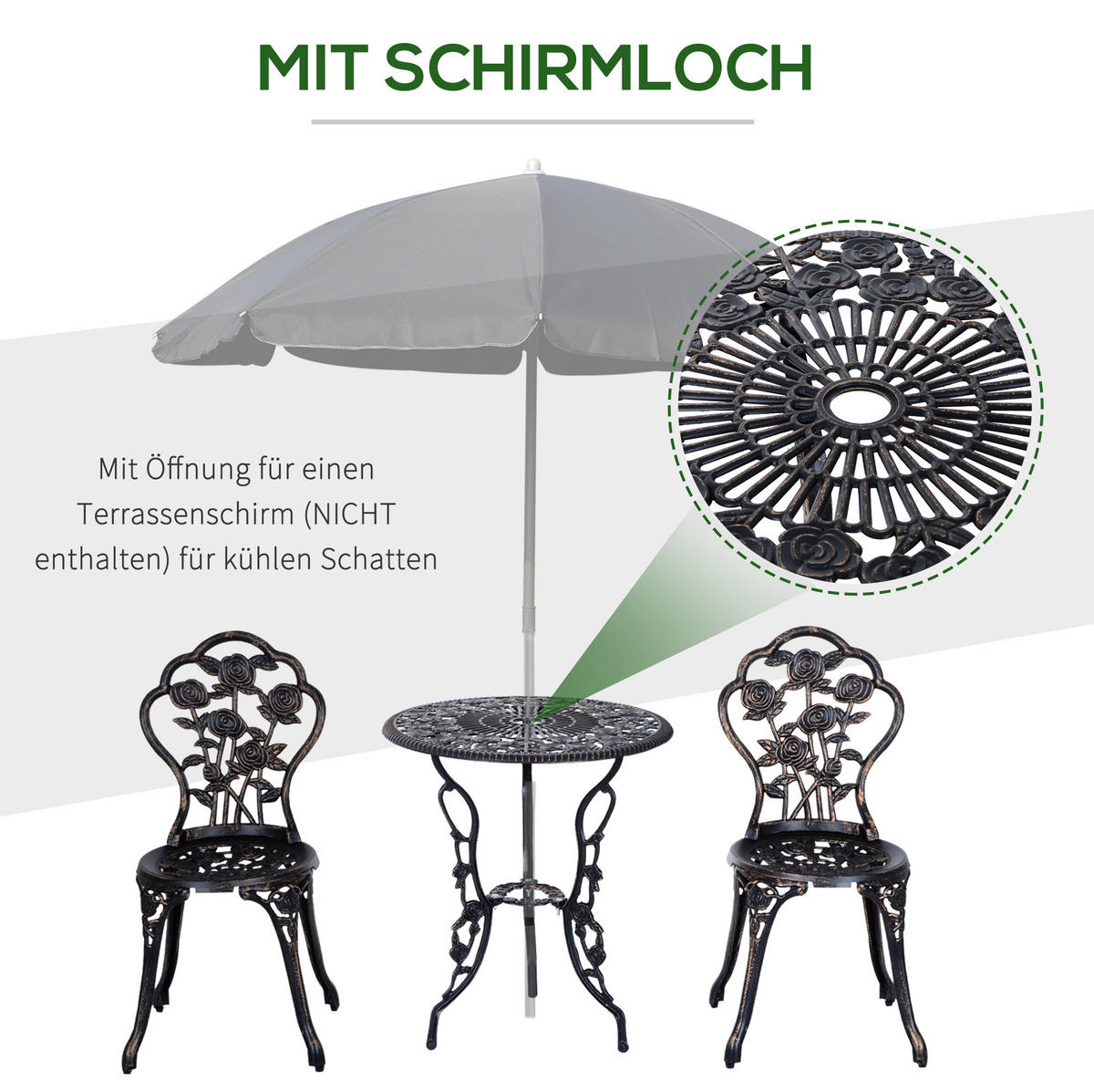 BISTROSET 60/60/67 cm, 3-teilig mit Schirmöffnung und Gussrosenmuster, Metall, Bronze - Bronzefarben, Metall - Redom