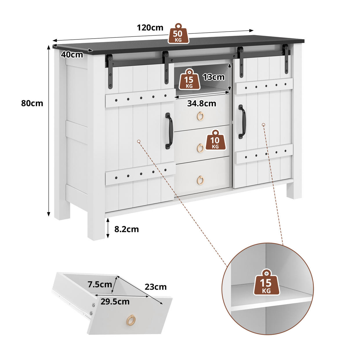 SIDEBOARD aus MDF 40x120x80 cm Weiß mit Schiebetüren und 3 Schubladen - Weiß, Holzwerkstoff (120/80/40cm) - IVMEU