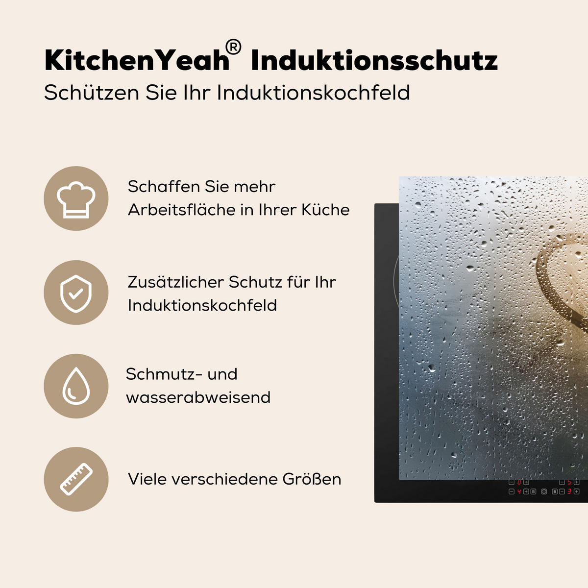 HERDABDECKPLATTE Herz - Kondenswasser - Wasser - 3D Herdabdeckung Induktionsfeld 65x52 cm - Grau, Kunststoff (65/52/0.2cm) - MuchoWow