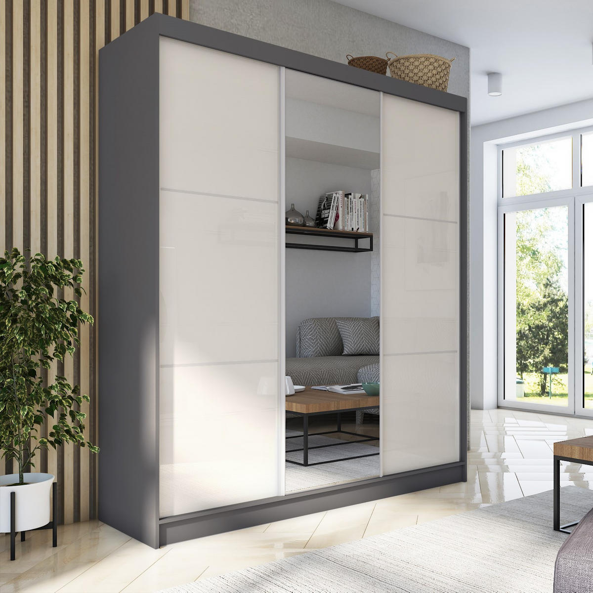 SCHWEBETÜRENSCHRANK VITALE 180/216/61 cm 3-türig mit Spiegel Grau - Weiß/Grau, Holzwerkstoff (180/216/61cm) - MASSENO