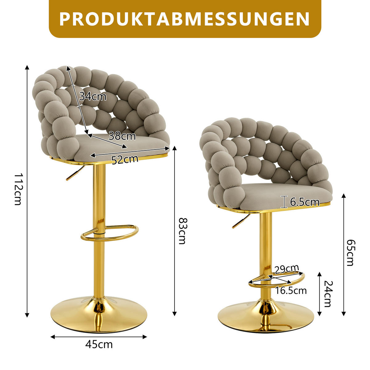 BARHOCKER 2er-Set aus Samt mit Gold-Gestell, Kugelketten-Rückenlehne und höhenverstellbar - Grau, Textil (45/112/52cm) - Urban Meuble