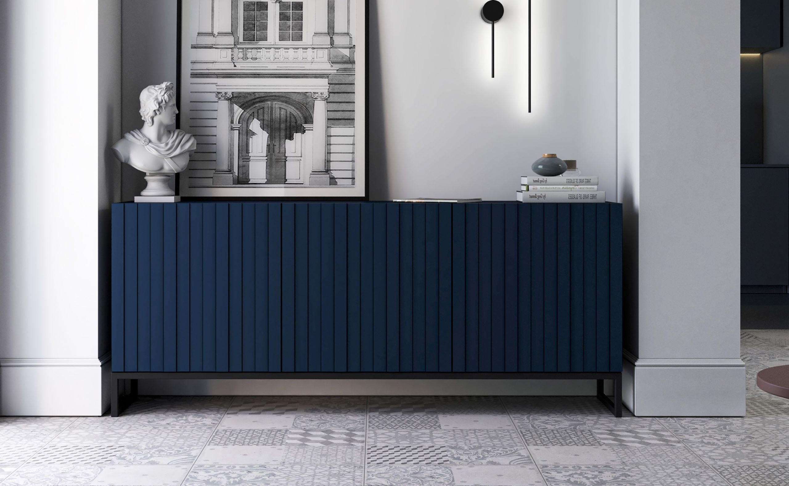 KOMMODE Elpis 3D Marineblau Matt mit metallrahmen Glamour 168 cm - Blau/Schwarz, Holzwerkstoff (168/72/36.5cm) - Meble Lindner