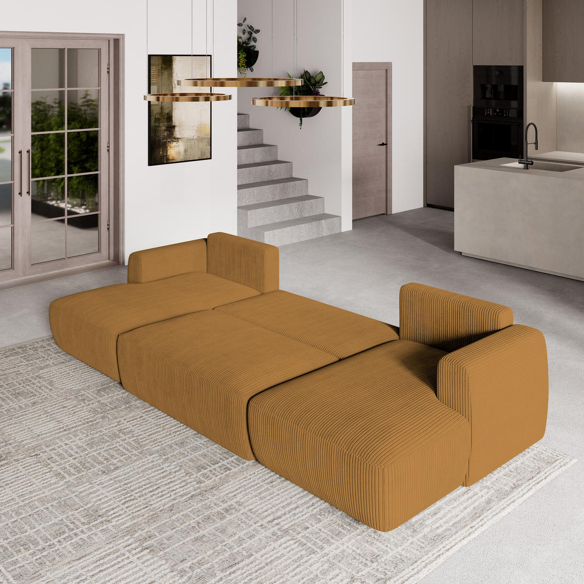 WOHNLANDSCHAFT SENTUM P Gelb Kordstoff mit Schlaffunktion - Gelb, Holz (330/90/148cm) - MASSENO