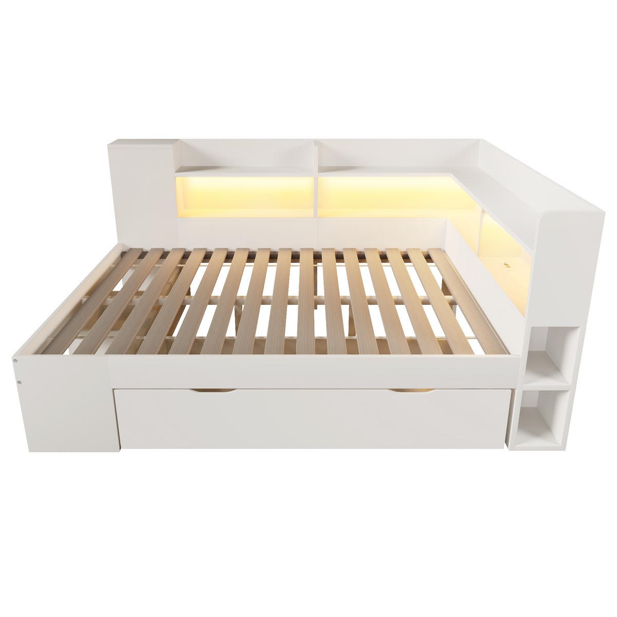 BETT 140/200 cm in Weiß mit Schubladen, Regal, LED, USB und Type-C Holzwerkstoff modern - Weiß, Holzwerkstoff (140/200cm) - STILVORA