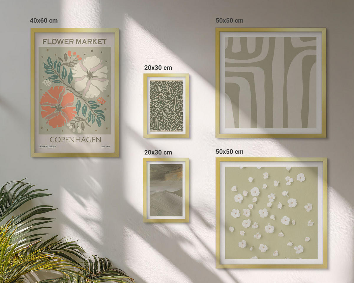 BILDER SET 5er Set - 50x50 cm & 20x30 cm & 40x60 cm Goldrahmen - Abstrakte Boho-Muster - Goldfarben, Kunststoff (40/60cm) - TULUP