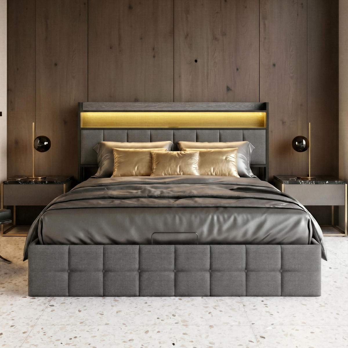 POLSTERBETT Geometrisch 140/200 cm mit Bettkasten & Regalkopfteil Leinenoptik Grau - Grau, Textil (140/200cm) - Creahappy
