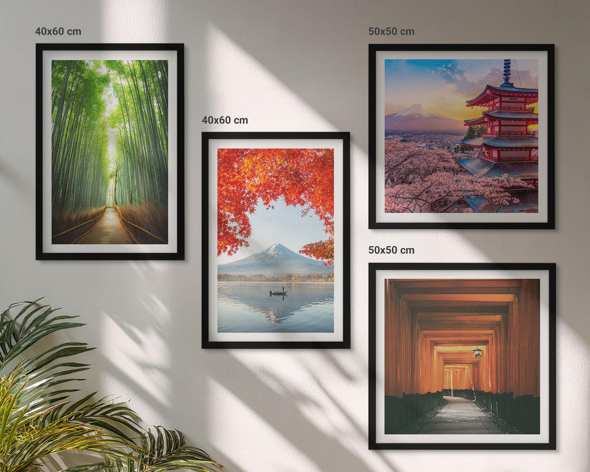 BILDER SET 4er Set - 50x50 cm & 40x60 cm Schwarzer Rahmen - Fuji-Torii-Bambuswald, Japan - Schwarz, Kunststoff (50/50cm) - TULUP