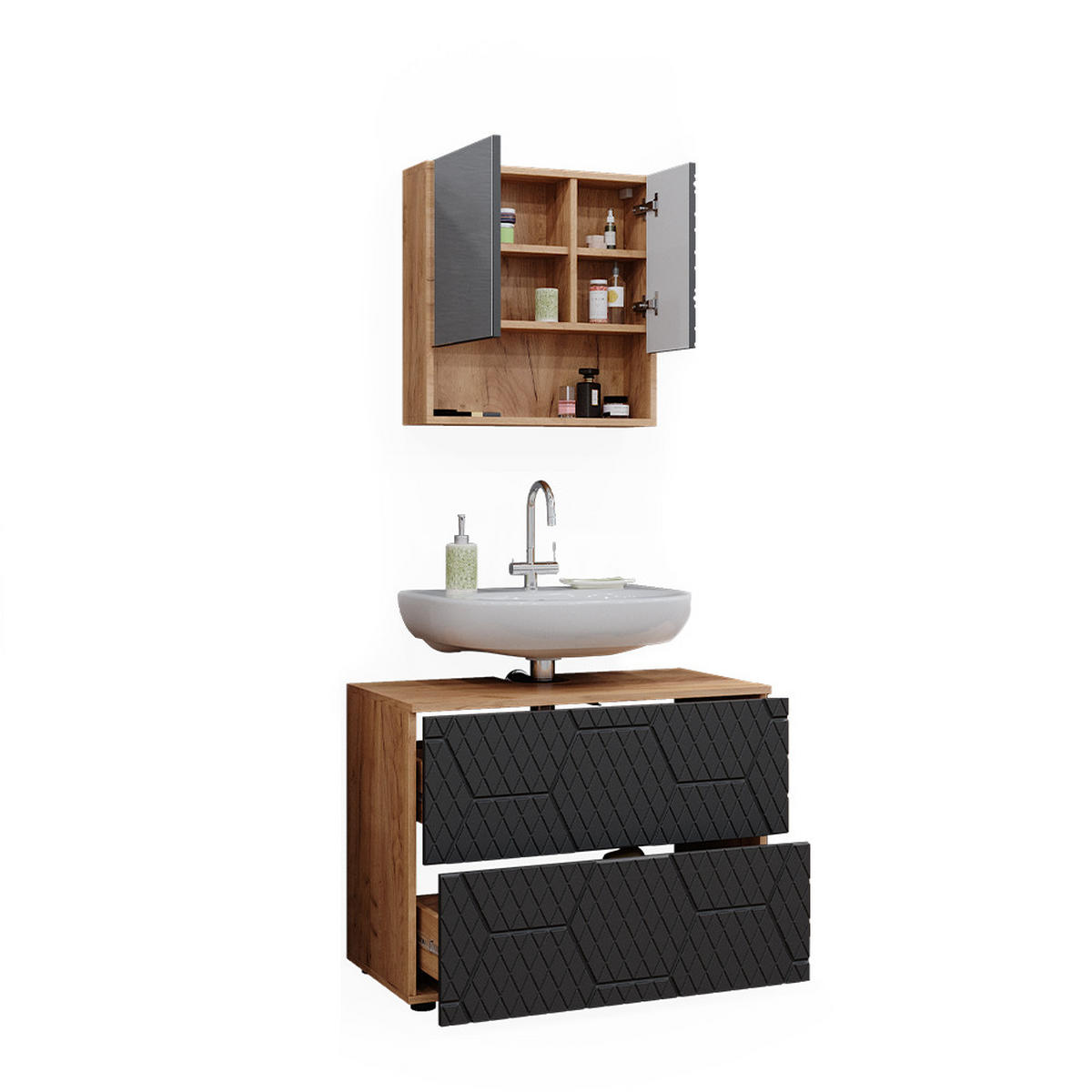 BADMÖBEL-SET Irma Anthrazit gestreift 2 Teile - Honigeiche/Anthrazit, Holzwerkstoff (80/58.6/41cm) - Vicco