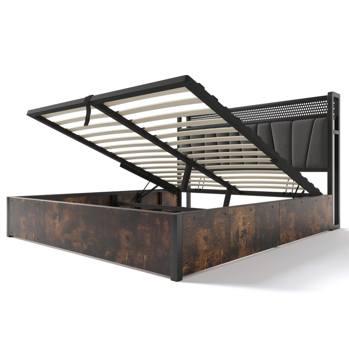 BETT mit LED-Kopfteil und Stauraum 180x200 cm Grau mit USB & Steckdosen - Grau, Metall (180/200cm) - Meubliv