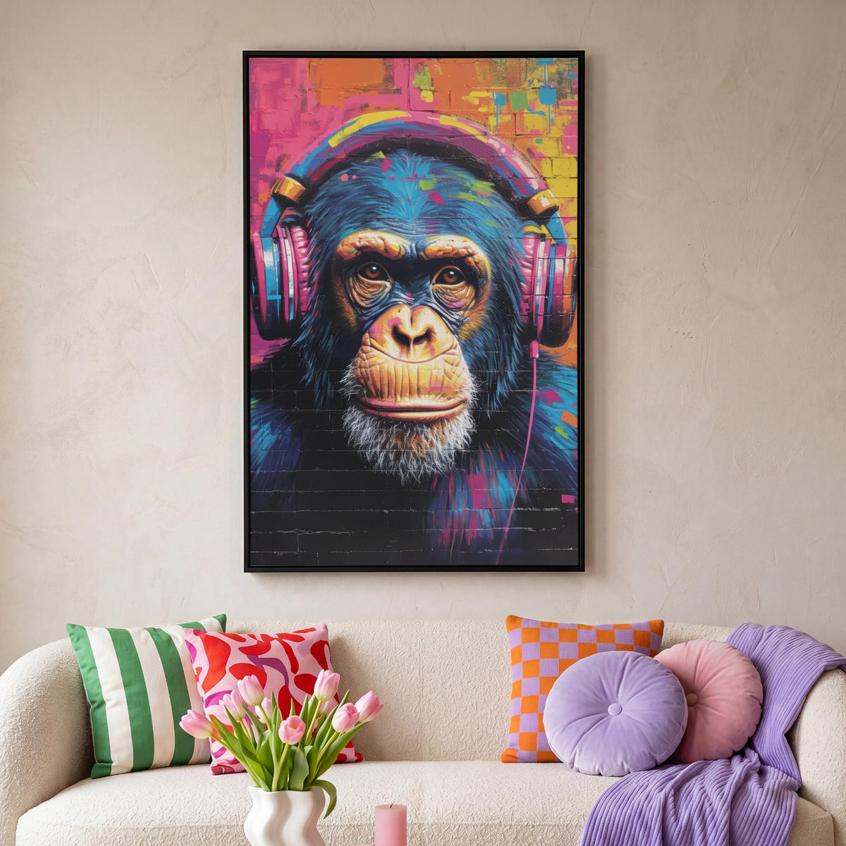 LEINWAND Bilder mit Rahmen - Graffiti - Schimpanse - Straßenkunst - Kopfhörer - Affe - 100x150 - Blau, Textil (100/150cm) - MuchoWow