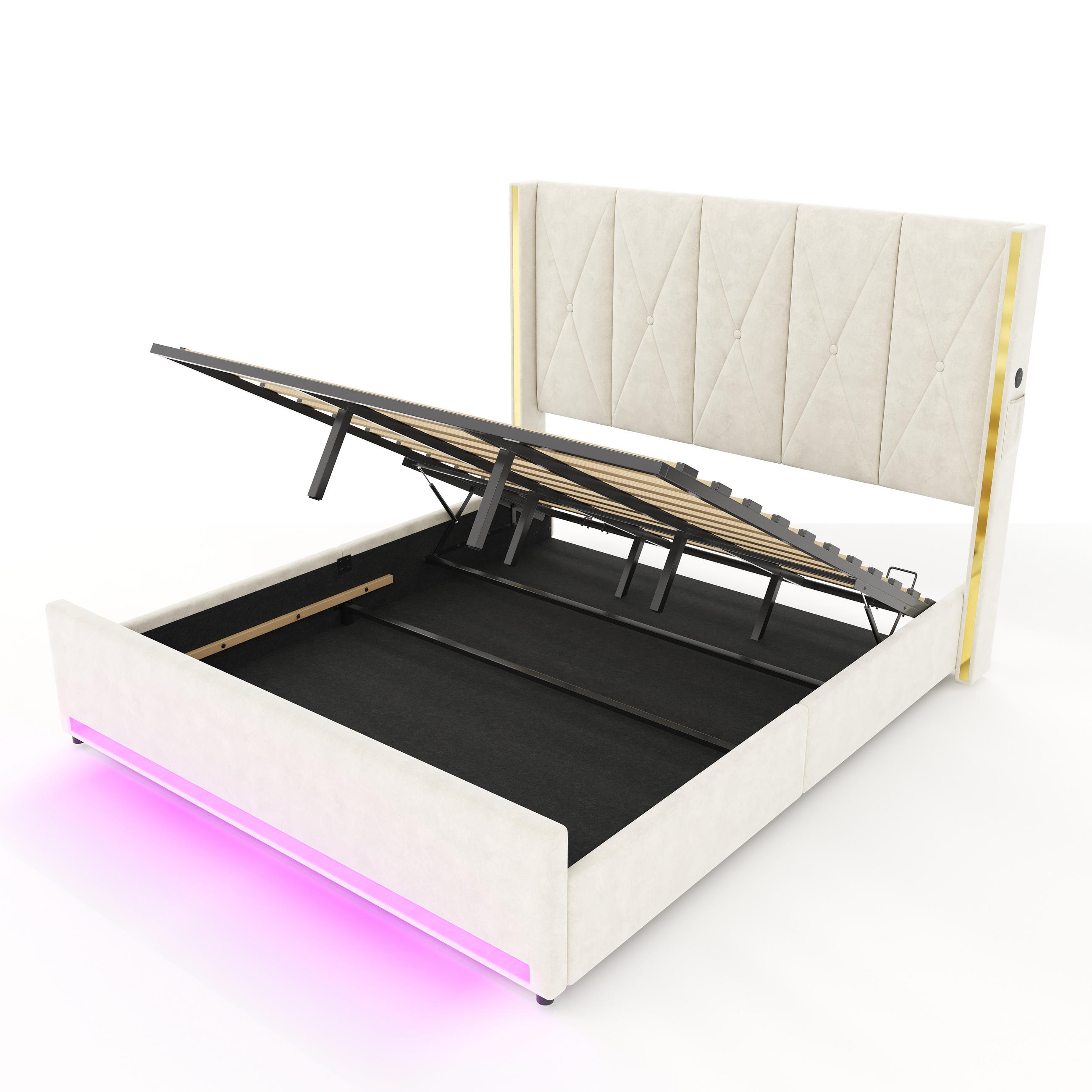 POLSTERBETT 180/200 cm Beige mit LED-Beleuchtung und hydraulische Speicherfunktion - Beige, Textil (180/200cm) - Oxeza